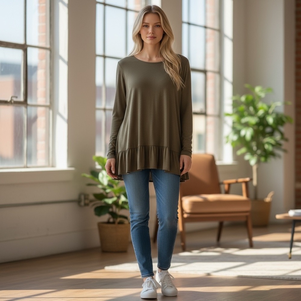 G By Giuliana Olive Green‎ Long Sleeve Tunic Top Women's Size S Pleated Hem